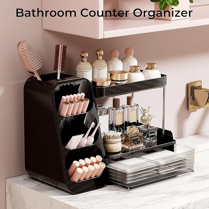 Makeup Organizer for Vanity with Brush Holder, 2 Tiers Countertop Skincare, Cologne Organizer and Perfume Stand for Men Bathroom Vanity, Large Capacity Makeup Storage, Black