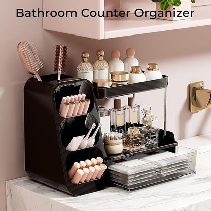 Makeup Organizer for Vanity with Brush Holder, 2 Tiers Countertop Skincare, Cologne Organizer and Perfume Stand for Men Bathroom Vanity, Large Capacity Makeup Storage, Black