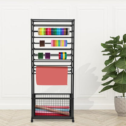 20-Tier Double-Sided Ribbon Holder Organizer Rack with Storage Basket & Wheels, Multifunctional Flower Wrapping Paper Display Stand for Craft Rooms, Flower Shops (Black, 26.38''W x 12.6''D x 59.06''H)