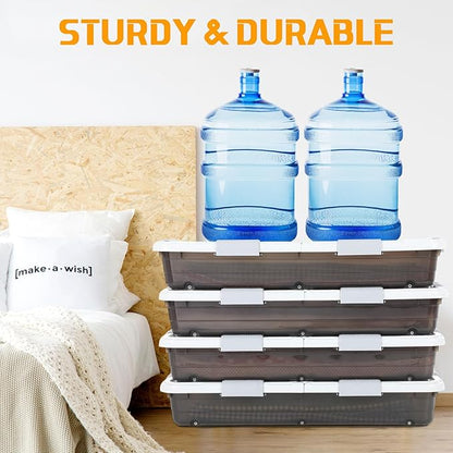 Beeveer 4 Pcs Plastic Under Bed Storage Container with Double Opening Lid Wheel Handle, Transparent Large Capacity Stackable Latching Festival Storage Bin for Closet Bedroom, 31.5x15.8x5.2 In(Brown)