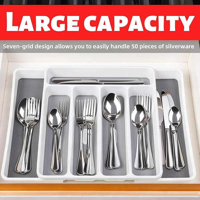 Non-Slip Expandable Silverware Drawer Organizer,7 Compartment Tasteless Large Capacity Thick Plastic Flatware Divider for Silverware, Stationery, Cosmetics – Minimalist Design and Premium Feel