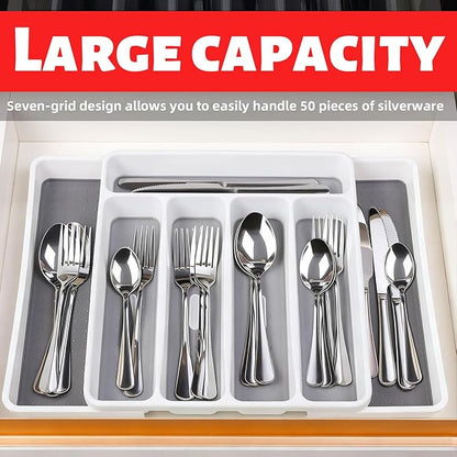 Non-Slip Expandable Silverware Drawer Organizer,7 Compartment Tasteless Large Capacity Thick Plastic Flatware Divider for Silverware, Stationery, Cosmetics – Minimalist Design and Premium Feel