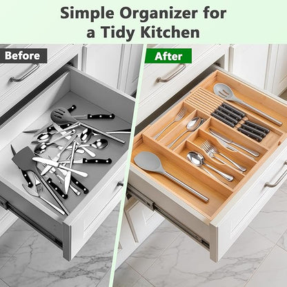 9-Piece Bamboo Kitchen Drawer Organizer Set, Expandable Silverware &Utensil Organizer with Removable Knife Block & Steak Knives, Flatware Organization, Tableware Dividers Storage(Natural)