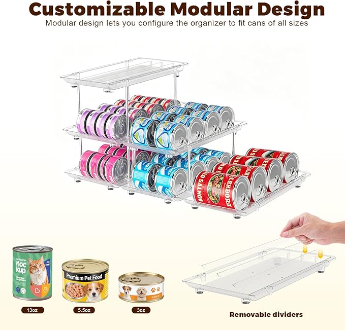 Can Organizer for Pantry, Modular 2-Tier Adjustable Canned Cat Food Organizer for Soup Cans, Dog Food Cans & Beverage Cans, Clear Can Rack for Pantry and Fridge