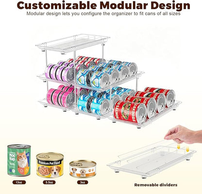 Can Organizer for Pantry, Modular 2-Tier Adjustable Canned Cat Food Organizer for Soup Cans, Dog Food Cans & Beverage Cans, Clear Can Rack for Pantry and Fridge