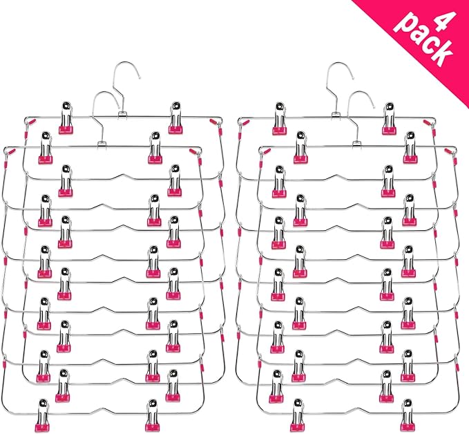 Skirt Pants Hangers with Clips,6Tier Skirt Hangers Space Saving,Metal Multi Pants Hangers and Storage Multi Clothes Shorts Hanger Organization,Space Saving Hangers with Clips (Rose, 4-Piece Set)