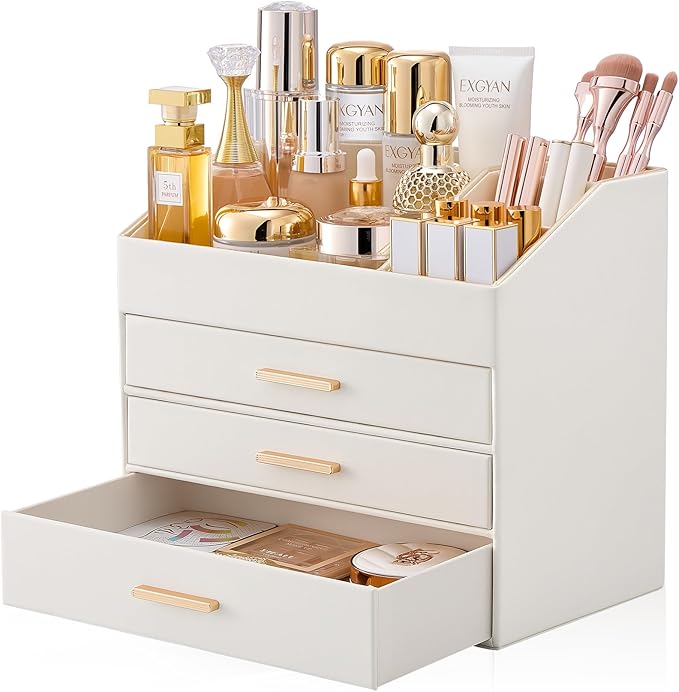 Lolalet PU Leather Makeup Organizer for Vanity Desk, 4-Layer Luxury Make Up Storage Cosmetics Holder Box with Drawers -Cream