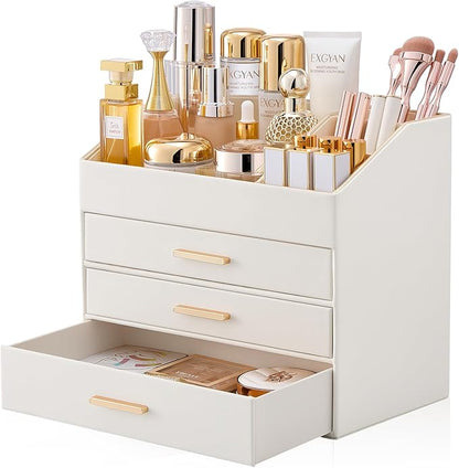 Lolalet PU Leather Makeup Organizer for Vanity Desk, 4-Layer Luxury Make Up Storage Cosmetics Holder Box with Drawers -Cream