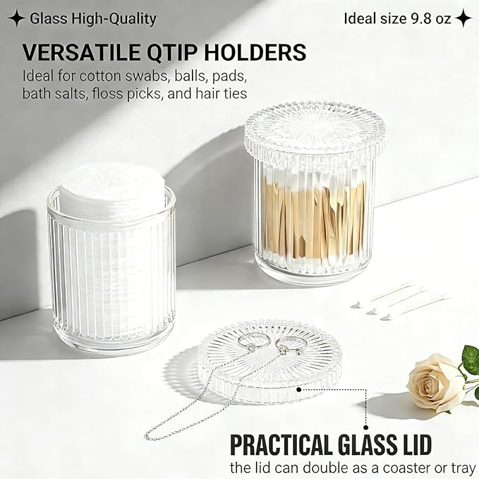 2 Pack Glass Qtip Holder Dispenser Set - Bathroom Organizer for Cotton Swabs, Balls, Pads, Floss Picks - Clear Apothecary Jars for Vanity, Makeup Storage, Bathroom Accessories Decor (Clear)