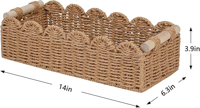 CubesLand Bathroom Basket Organizer, Toilet Tank Paper Storage Baskets 2-Pack, Scalloped Decorative Basket for Countertop w/Handle, Wicker Basket for Bathroom Decor, Home Decor, Living Room, Neutral
