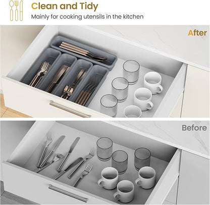 5 Pack Silicone Drawer Organizer for Kitchen, DIY Free Combination Silverware Organizer, Utensil Drawer Organizer, Moisture-proof and Heat-resistant up to 200°C, Anti-slip Design (Grey)