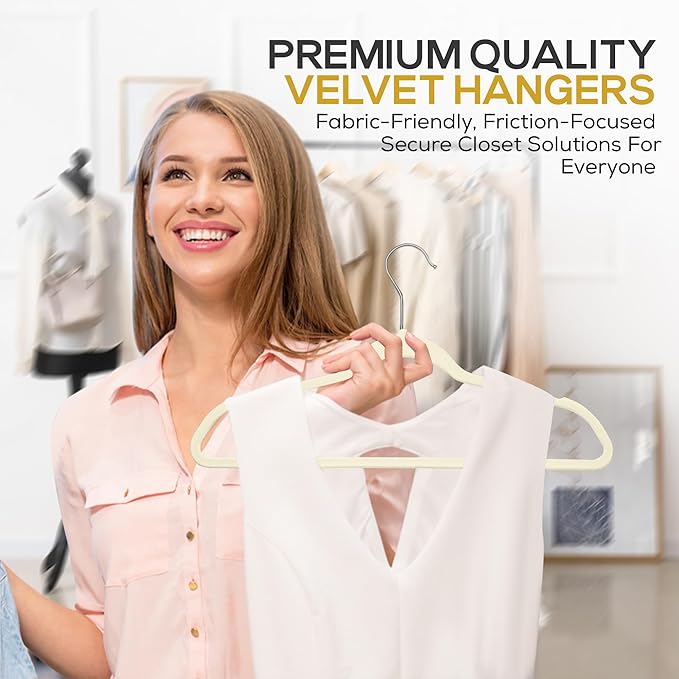 Techzoo 50 Pack New Premium Quality Velvet Hangers Ultra Thin Non Slip Adult Felt Space Saving Hangers for Closet Heavy Duty Coat Pants Jackets Dress Hangers 360° Swivel Hook Hold Upto 10 lbs Ivory