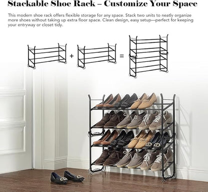 SunnyPoint Expandable & Stackable 2-Tier Shoe Rack – Adjustable Shoe Organizer for Entryway, Closet or Bedroom, Holds 4 to 8 Pairs, Space-Saving Metal Shoe Storage Shelf (17.5"–31.49" W) (BLK, 2 Tier)
