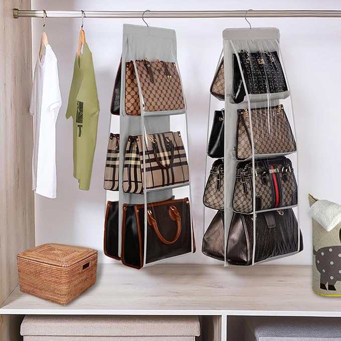 Lirex 8-Pocket and 6-Pocket Hanging Purse Organizer Bundle, Minimalist Style, Hanging Handbag Organizer for Closet, Grey