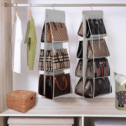 Lirex 8-Pocket and 6-Pocket Hanging Purse Organizer Bundle, Minimalist Style, Hanging Handbag Organizer for Closet, Grey
