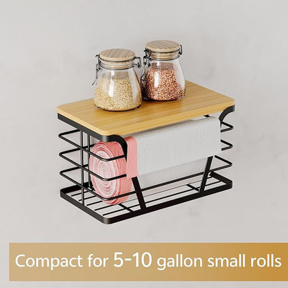 TIDIIABODE Small Grocery Bag Holder, Trash bag holder with Removable Bamboo Top, Wall Mount, No Drill, Stainless Steel, Black
