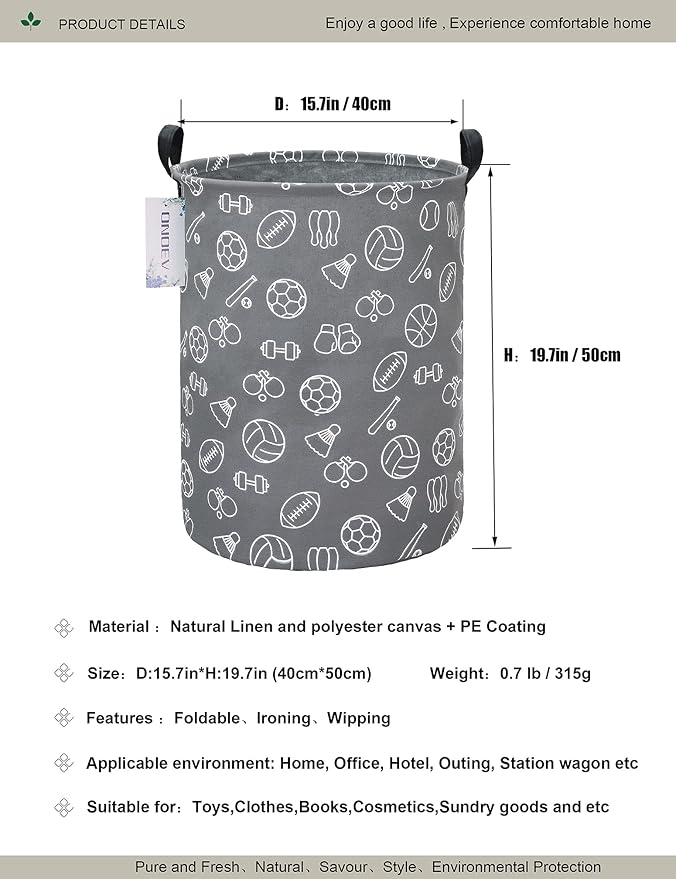 Round Sports Themed Laundry Basket, Collapsible Laundry Hamper for Boys,Cute Ball Print Storage Bin,Waterproof Toy Storage for Kids Room,Nursery,Playroom,New Parent Gift(Grey Sports Ball)