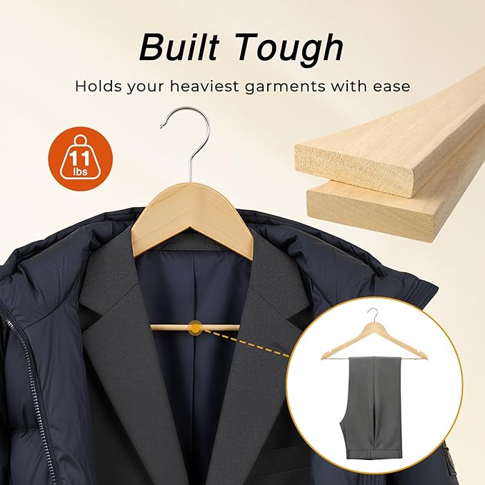 HOUSE DAY Slim Wooden Hangers 10 Pack, Solid Wood Hanger with Non Slip Shoulder Notches & Pant Bar, Smooth Finish Wood Clothes Hangers for Shirts, Suits, Jackets, Natural