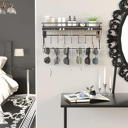 JackCubeDesign Gothic Wall Mounted Jewelry Organizer - Hanging Necklace, Earring, Bracelet Holder with Hooks and Shelf - Goth Room Decor, Iron Jewelry Display Storage Rack for Bedroom & Closet-MK238A