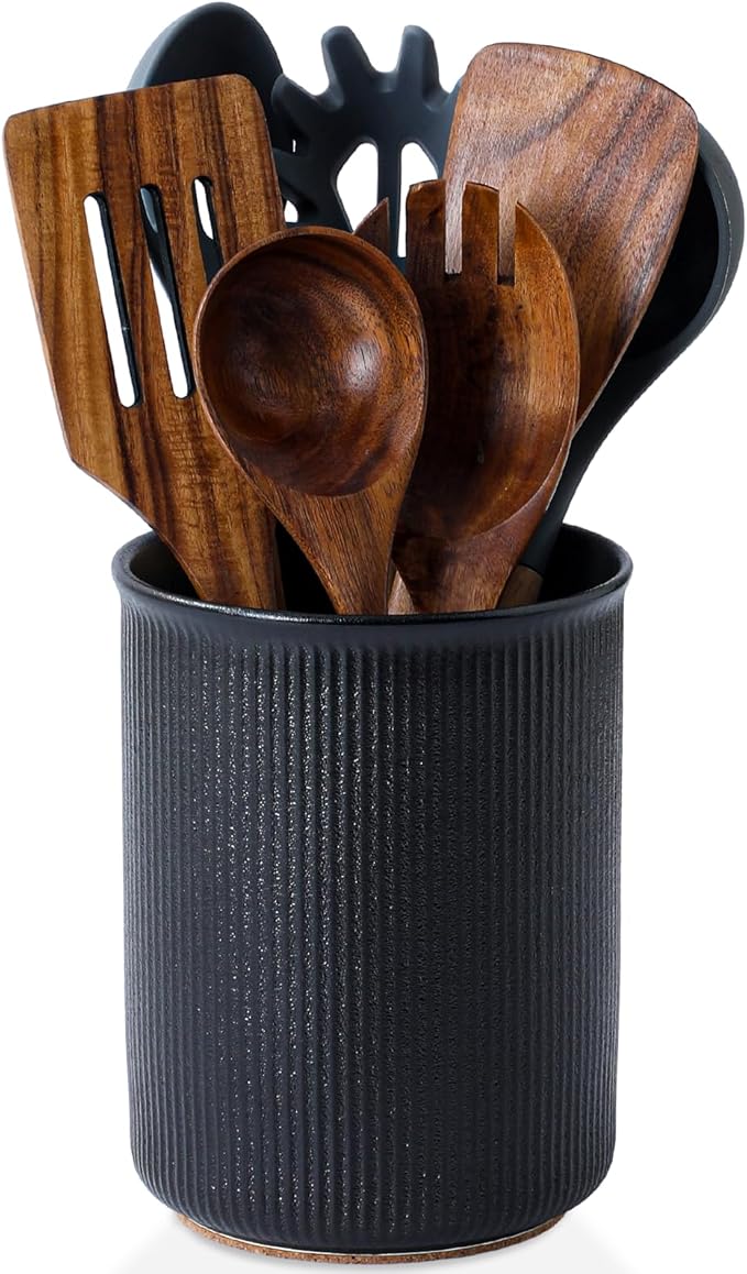 LoeJan Utensil Holder, Extra Large Utensil Crock, Stable Ceramic Utensil Organizer, Cooking Tool Organizer Set for Kitchen Counter Farmhouse Décor, Textured Black
