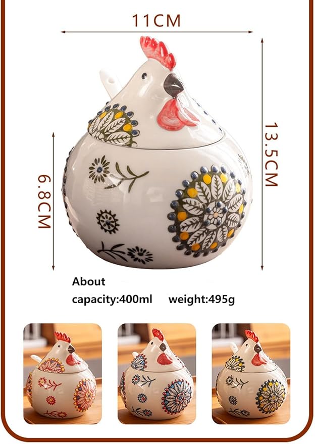 Ceramic Chicken-Shaped Seasoning Jar, Kitchen Condiment Box with Spoon and Lid, Moisture-Proof Household Storage Container (Blue)