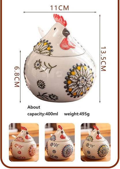 Ceramic Chicken-Shaped Seasoning Jar, Kitchen Condiment Box with Spoon and Lid, Moisture-Proof Household Storage Container (Blue)