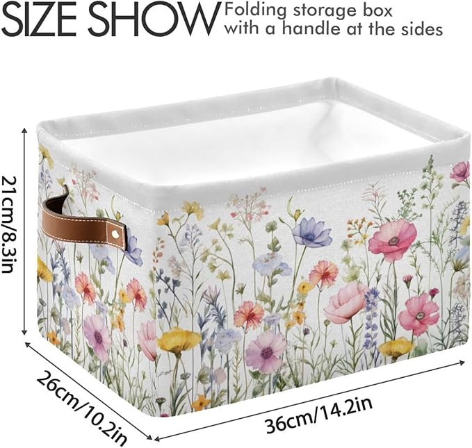 YETTASBIN Herbal Wildflowers Storage Basket 2pc, Large Collapsible Toys Clothes Organizer, Durable Canvas Storage Bin with Handle for Shelves Closet Laundry Home Office Decor