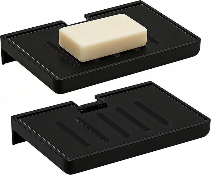 SUOXING 2 Pack Bar Soap Holder for Shower Wall,Self Draining Adhesive Soap Holder,Rustproof Wall Mounted Acrylic Shower Soap Rack & Caddy for Bathroom,Bath,Kitchen,No Drilling PlasticSoap Shelf,Black