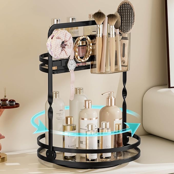 360 Rotating Makeup Organizer, Black Perfume Organizer for Dresser, 2-Tier Bathroom Countertop Organizer, Lazy Susan Skincare Storage, Spinning Vanity Tray with Jewelry Hooks & Brush Holder