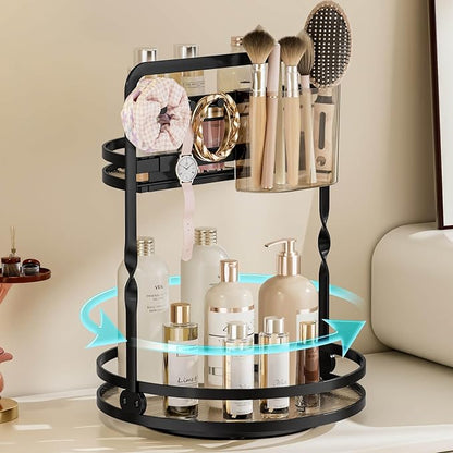 360 Rotating Makeup Organizer, Black Perfume Organizer for Dresser, 2-Tier Bathroom Countertop Organizer, Lazy Susan Skincare Storage, Spinning Vanity Tray with Jewelry Hooks & Brush Holder
