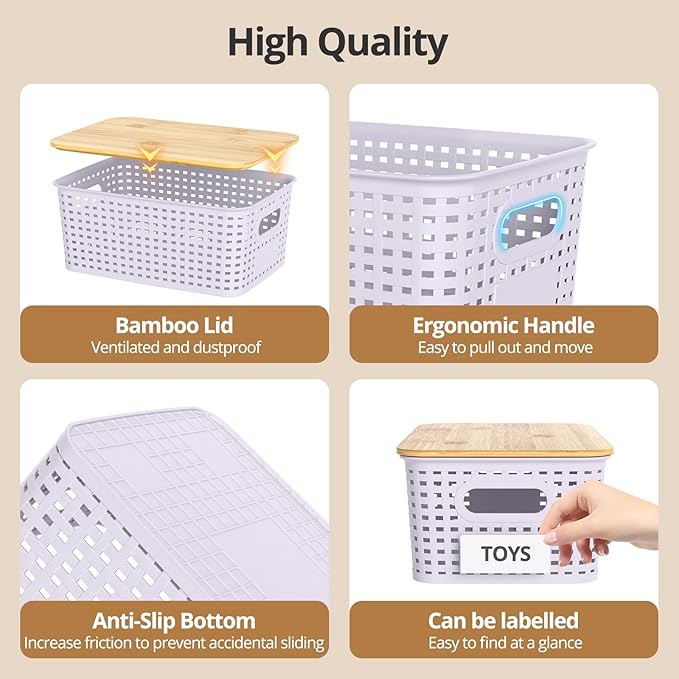 Plastic Storage Baskets with Bamboo Lids, Stackable Small Box Bins for Organizing and Containers for Shelves Drawers Desktop Closet Pantry Classroom Office Home, 6 Pack 10.2"x7.2"x4.1" Lavender