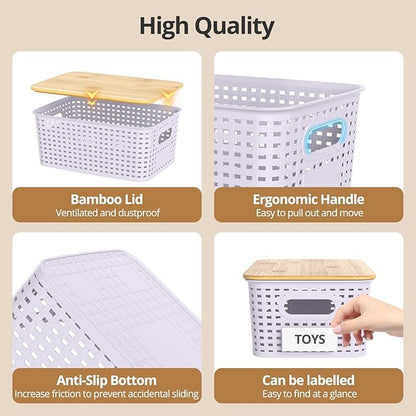 Plastic Storage Baskets with Bamboo Lids, Stackable Small Box Bins for Organizing and Containers for Shelves Drawers Desktop Closet Pantry Classroom Office Home, 6 Pack 10.2"x7.2"x4.1" Lavender