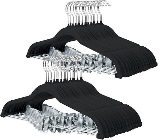 ManGotree Pants Hangers with Movable Clips, Non-Slip Velvet Skirt Hangers, Space-Saving Clothes Hangers for Pants, Skirts, Shirts, Coats, Dresses (32 Pack, Black)