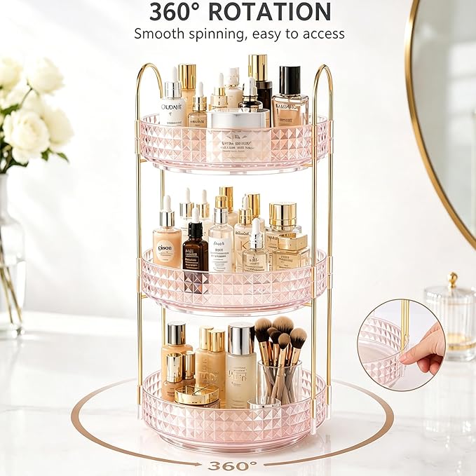 Fangoo 3 Tiers Pink Rotating Makeup Organizer for Vanity 360 Spinning Skincare Organizers for Dresser Perfume Organizer Large Skincare Make up Storage Cosmetic Organizer for Bathroom Countertop