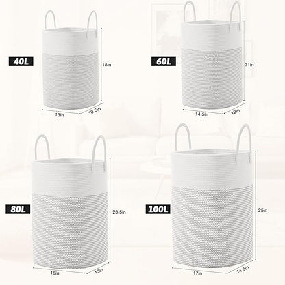 Artfeel Laundry Basket,Woven Cotton Rope Laundry Hamper,100L Versatile Storage for Dirty Clothes,Baby Toys,and Blankets in Bathroom, Nursery,and Living Room
