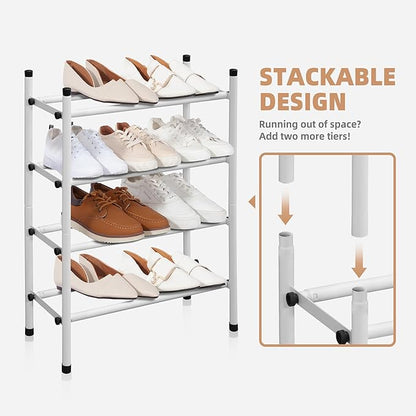 STORAGE MANIAC Expandable Shoe Rack, 16 Pairs Stackable Small Shoe Rack, Metal Adjustable Shoes Organizer for Closet, Entryway, Hallway, Garage, Front Door, Shoes Shelves, White 4 Tier