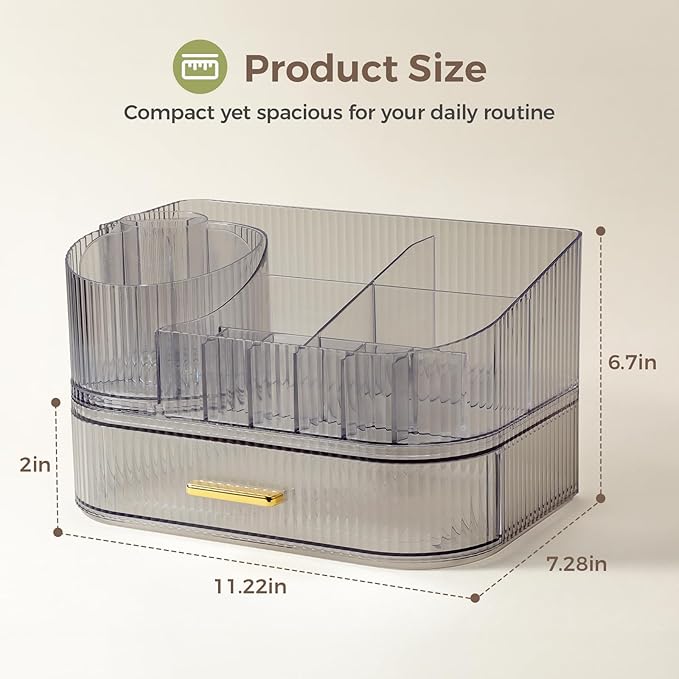 Delamu Makeup Organizer for Vanity with Stackable Drawers, 360 Rotating Makeup Brush Holder Large Cosmetic Display Case, Bathroom Skincare Storage, Crystal Black, Ideal Gifts for Women