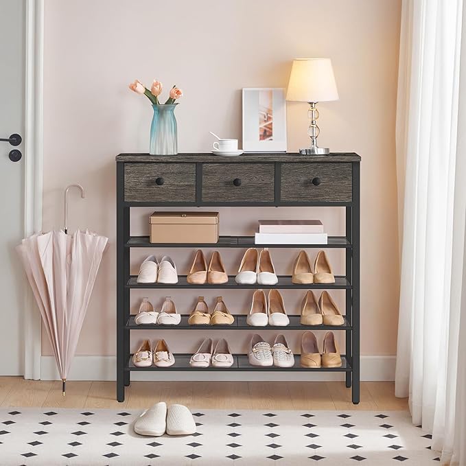 YATINEY 5-Tier Shoe Rack with 3 Drawers, Metal Shoe Organizer for 20 Pairs with Storage Shelves and Wooden Top, for Entryway, Hallway, Foyer, Closet, Charcoal and Black SS35BC