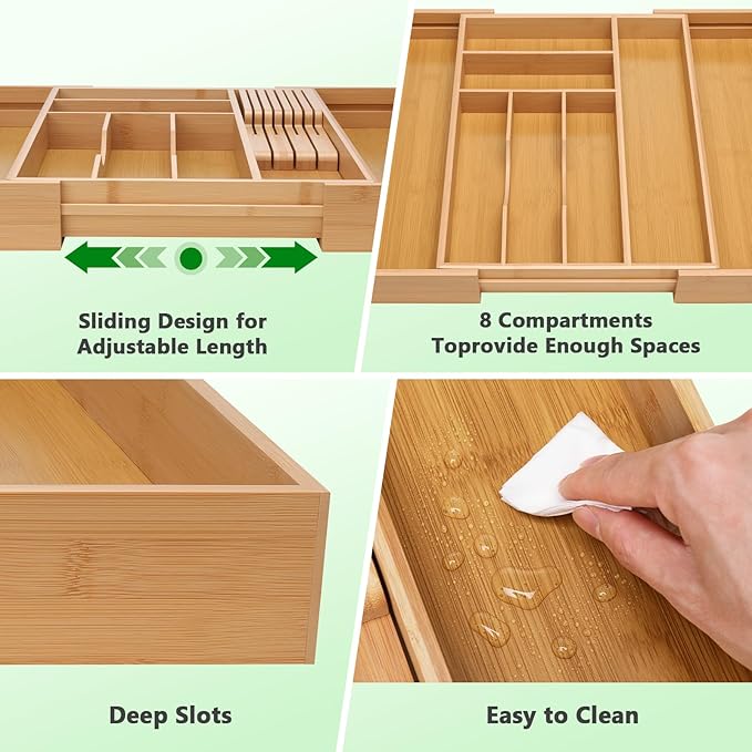 9-Piece Bamboo Kitchen Drawer Organizer Set, Expandable Silverware &Utensil Organizer with Removable Knife Block & Steak Knives, Flatware Organization, Tableware Dividers Storage(Natural)