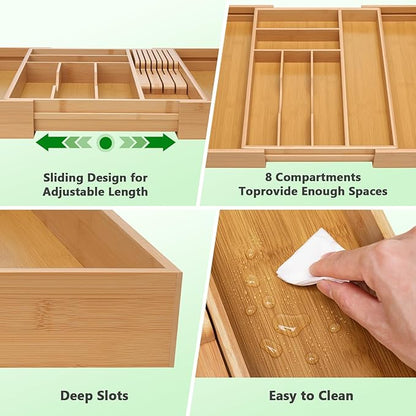 9-Piece Bamboo Kitchen Drawer Organizer Set, Expandable Silverware &Utensil Organizer with Removable Knife Block & Steak Knives, Flatware Organization, Tableware Dividers Storage(Natural)