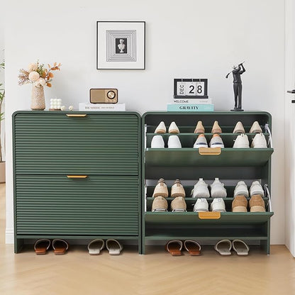 RARZOE Set of 2 Fluted Shoe Storage Cabinets for Entryway, Narrow Curved Shoe Cabinet with 2 Flip Drawers, Wood Hidden Shoe Organizer Closed Shoe Rack Cabinet for Foyer,Hallway (29.5''Green)