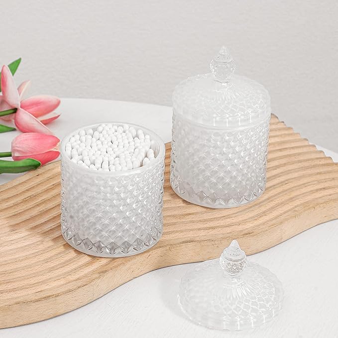 rejomiik 2 Pack Qtip Holder Thick Glass Apothecary Jars with Lid for Bathroom Decor Storage Organizer for Cotton Swabs, Balls, Pads, Floss Picks, Candy, Jewelry, White