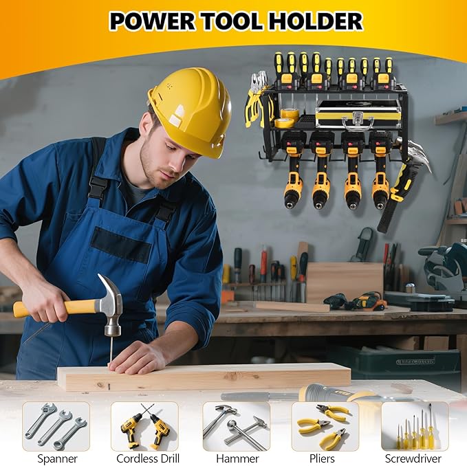 Wall Mount Power Tool Organizer, 3 Layers Garage Wall Organize with 4 Cordless Drill Holders, Storage Rack for Workshop/Garage, 150Lbs Load Capacity, Heavy Duty Iron, Matte Black