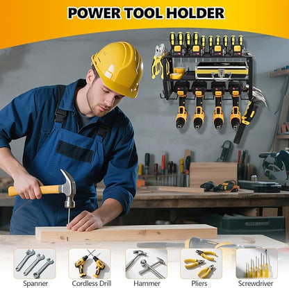 Wall Mount Power Tool Organizer, 3 Layers Garage Wall Organize with 4 Cordless Drill Holders, Storage Rack for Workshop/Garage, 150Lbs Load Capacity, Heavy Duty Iron, Matte Black
