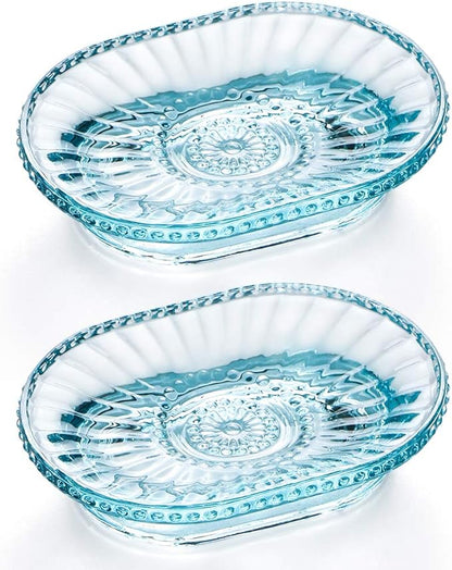 MDLUU Glass Soap Dish, Embossed Bar Soap Holder, Decorative Soap Saver Tray, Vintage Bar Soap Dish for Shower, Bathtub, Bathroom Sink, Kitchen Sink, Pack of 2 (Blue)