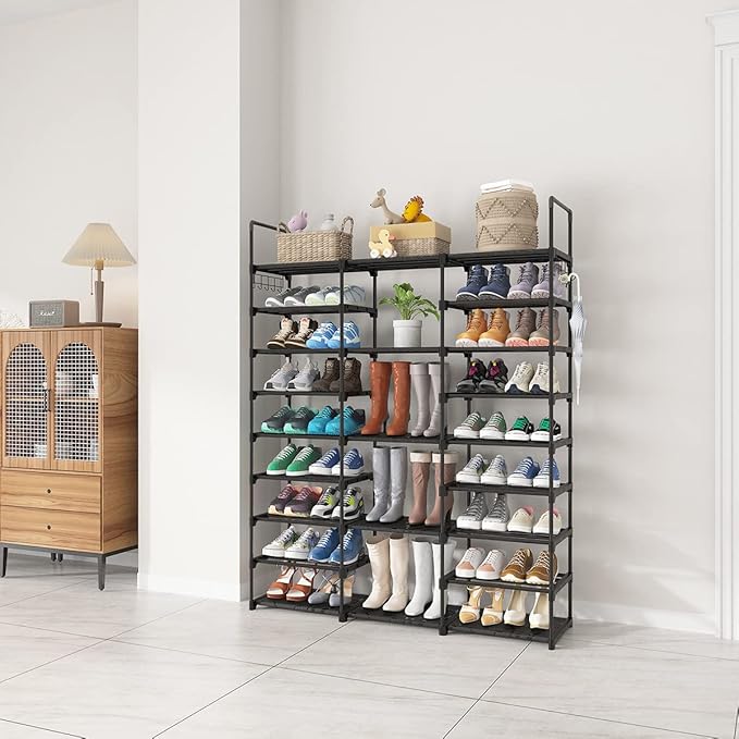 Caitlyn 9 Tier Large Shoe Rack Organizer, Holds 50-55 Pair Shoe Boots, Metal Shoe Shelf Storage Organizer, with Side Hooks Shoe Tower for Entryway Garage Living Room