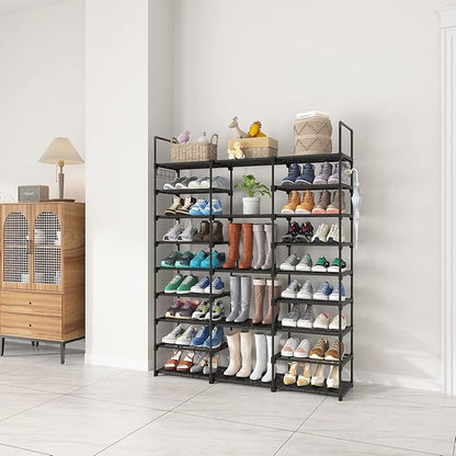 Caitlyn 9 Tier Large Shoe Rack Organizer, Holds 50-55 Pair Shoe Boots, Metal Shoe Shelf Storage Organizer, with Side Hooks Shoe Tower for Entryway Garage Living Room