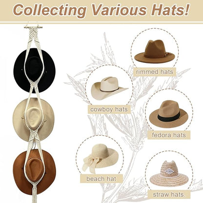 Gute Boho Macrame Hat Hanger Wall Hanging - 3 Hat Capacity Woven Organizer for Wide Brim, Fedoras, Sun Hat & Cowboy Hat Display (White)
