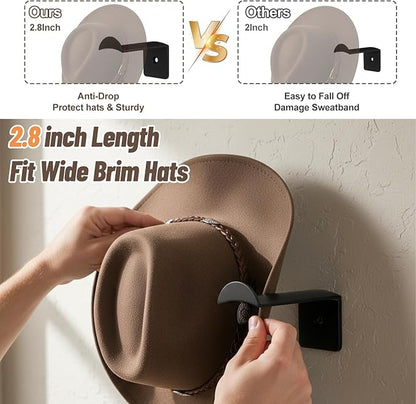 20 Pack Hat Hooks for Wall, 2.8‘’ Strong Adhesive Cowboy Hat Rack with Anti-Slip Teeth, Suitable Sun Hats, Fedora, Wide Brim Hats Organizer for Baseball Caps, Western Room Decor, Black