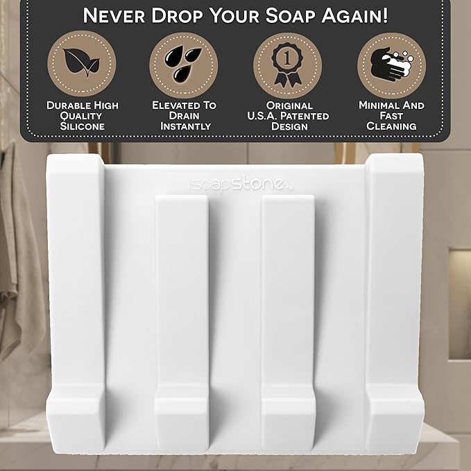 Silicone Soap Dish (USA Patented) Self Draining Bar Soap Holder for Shower Bathroom Sink, Drying Soap Dish Tray Kitchen Sponge Holder Easy Cleaning Soap Saver Mat (Pure White, 1)